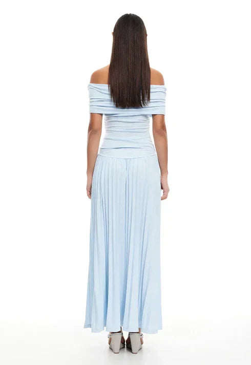 Elegant navy off-shoulder pleated maxi dress, suitable for evening functions.