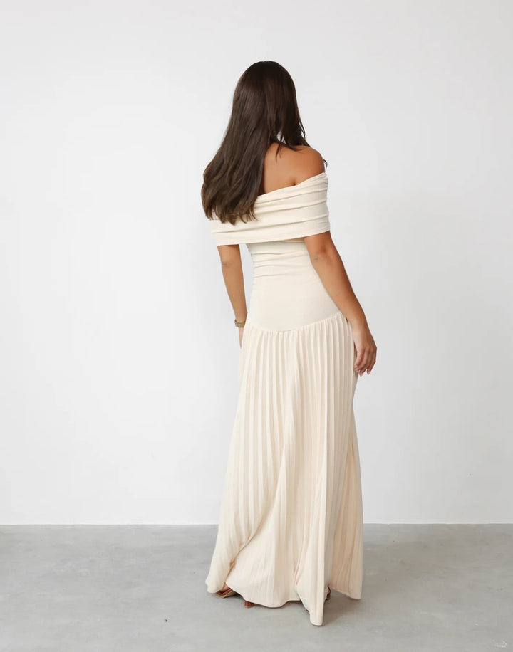 Pleated off-shoulder women's maxi party dress in sophisticated blue, stunning.