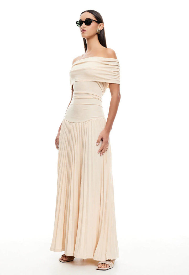 Chic cream off-shoulder pleated maxi dress, ideal for evening wear & parties.