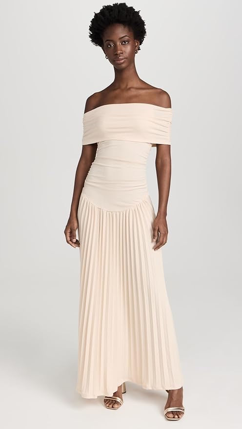 Women's navy off-shoulder pleated maxi dress for elegant special occasions.