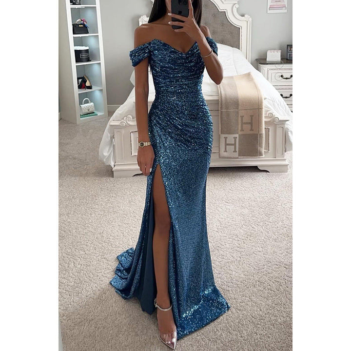 Stunning women's off-shoulder sequin formal dress. Maxi length evening gown with a flattering high slit.