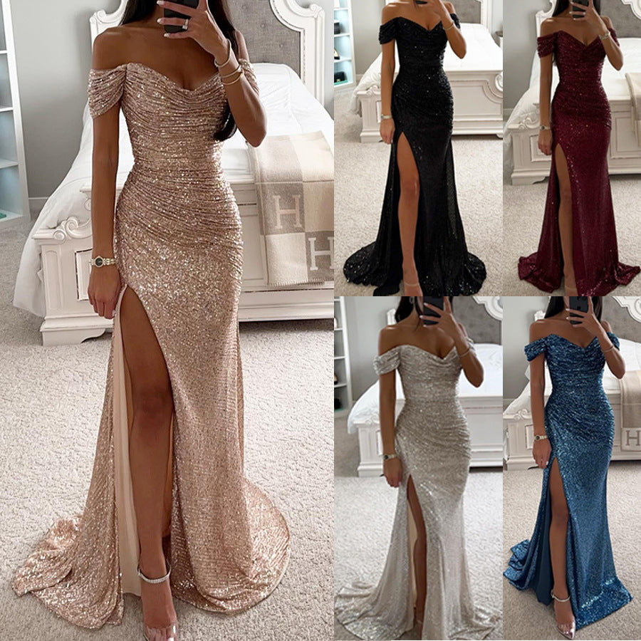Women's glamorous off-shoulder sequin maxi dress. Elegant formal evening gown featuring a high slit for parties.