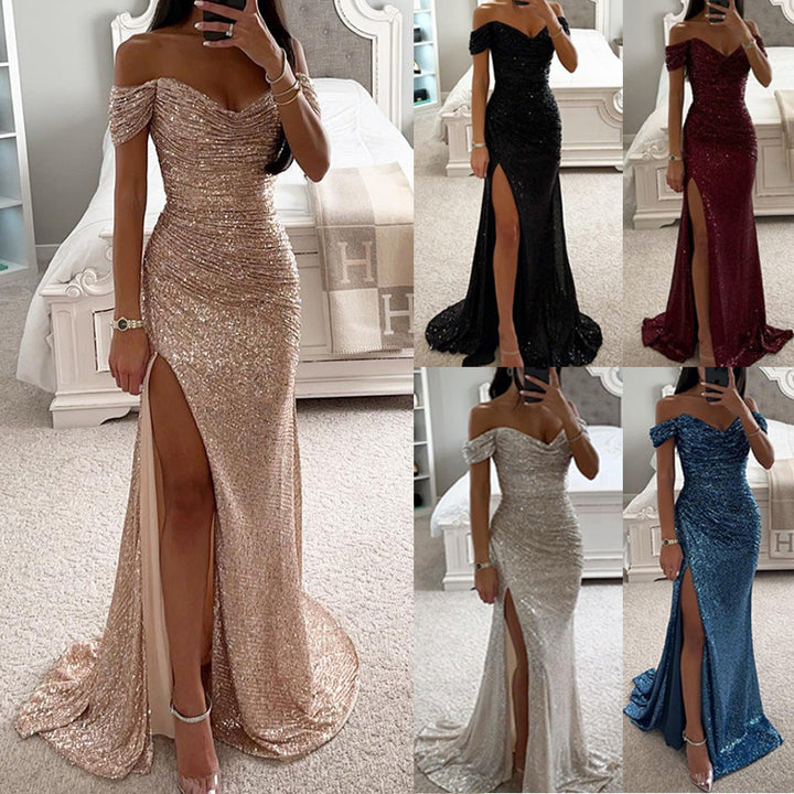 Women's glamorous off-shoulder sequin maxi dress. Elegant formal evening gown featuring a high slit for parties.