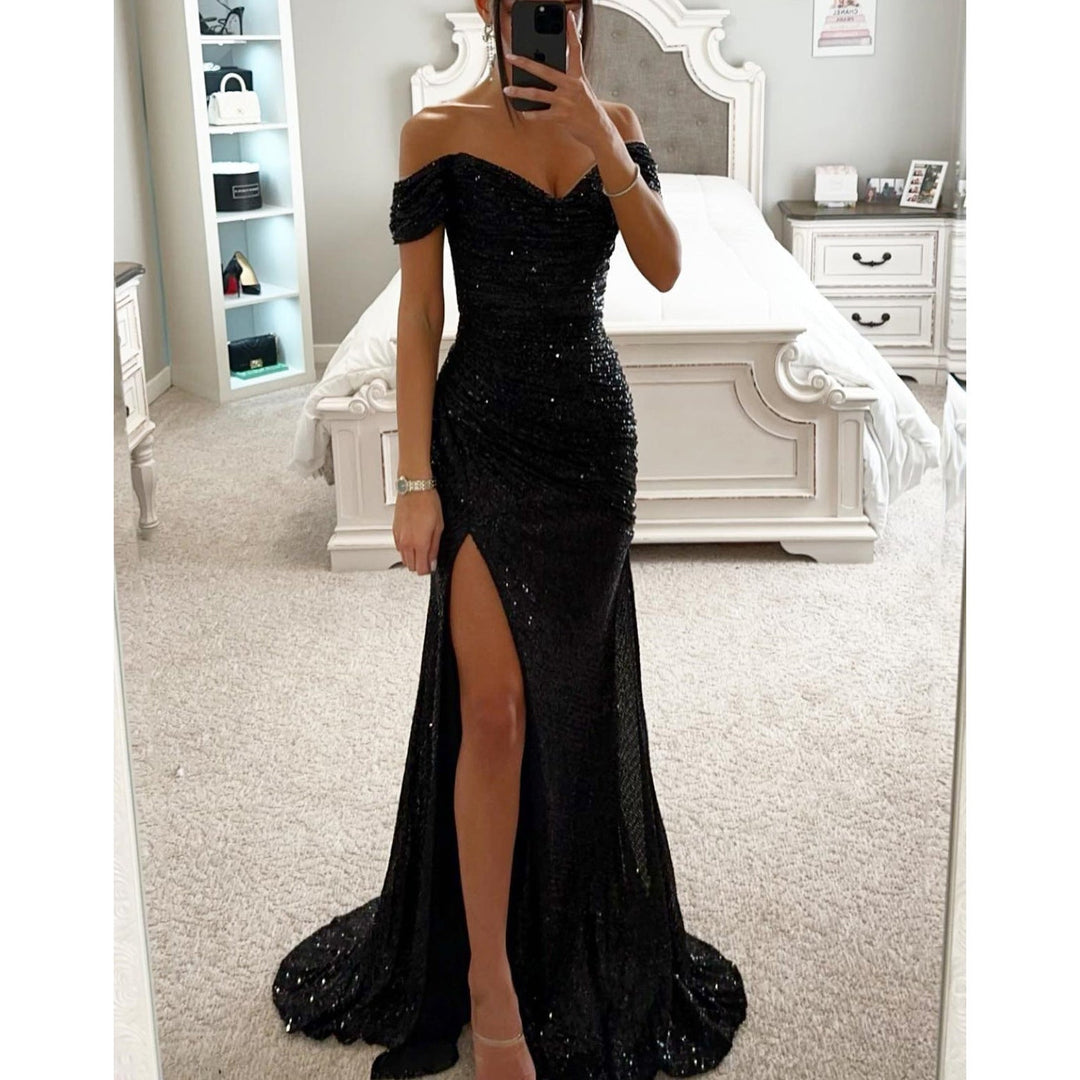 Glamorous women's off-shoulder sequin maxi dress. Perfect for gala, prom, or party wear.
