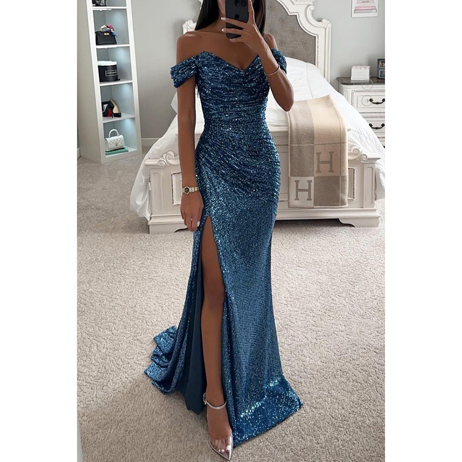 Sparkling sequin off-shoulder evening gown for women, featuring a stylish high slit & maxi length.