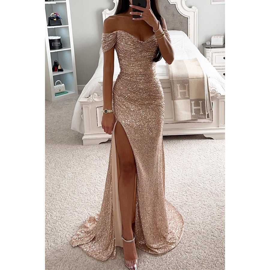 Glamorous women's off-shoulder sequin maxi evening gown. Elegant formal dress with a sophisticated high slit.