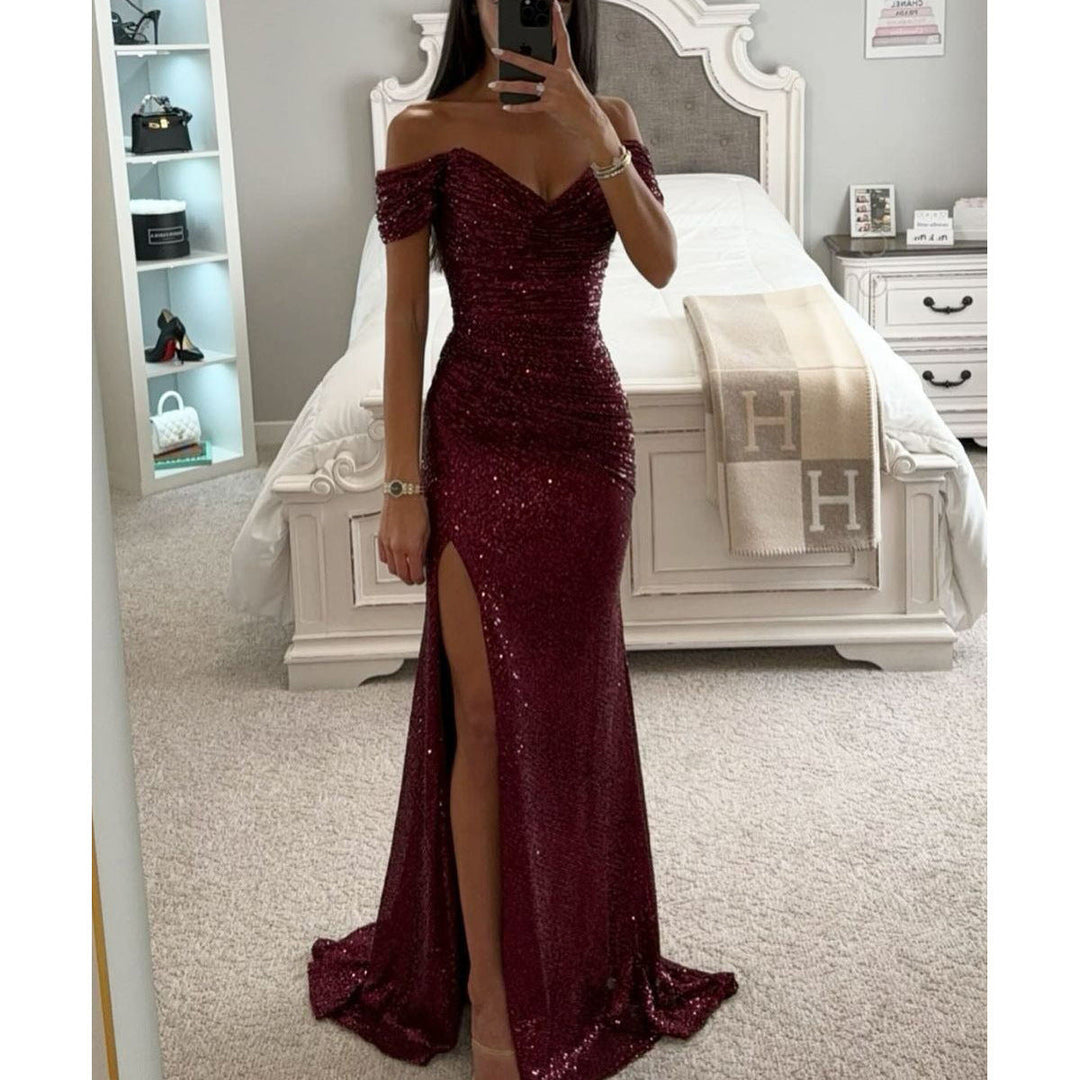 Shimmering off-shoulder sequin maxi dress. Women's elegant evening gown with high slit for party & prom.
