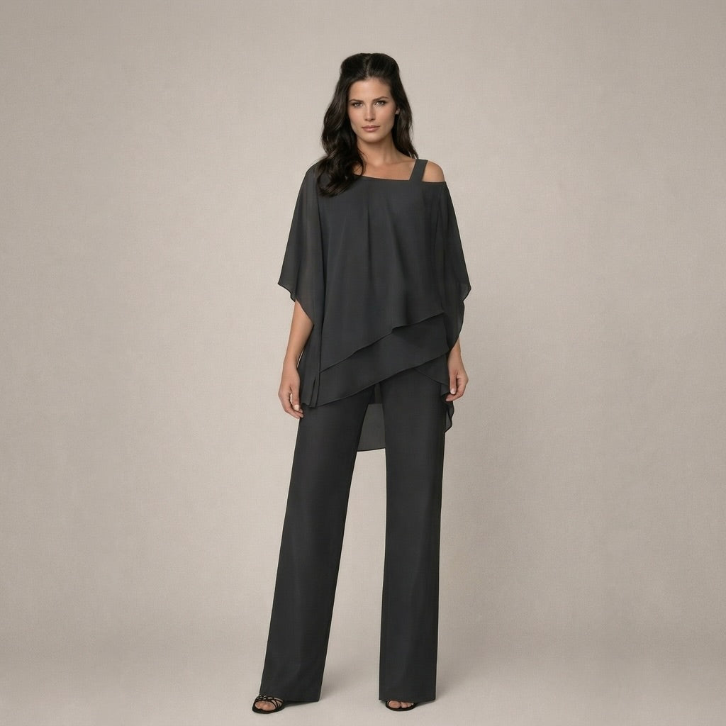 Casual chic women's off-shoulder top with wide-leg pants. Comfortable two-piece lounge set for summer fashion.