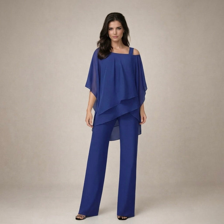 Elegant women's matching set: off-shoulder top and wide-leg pants. Coordinated two-piece for a stylish summer ensemble.