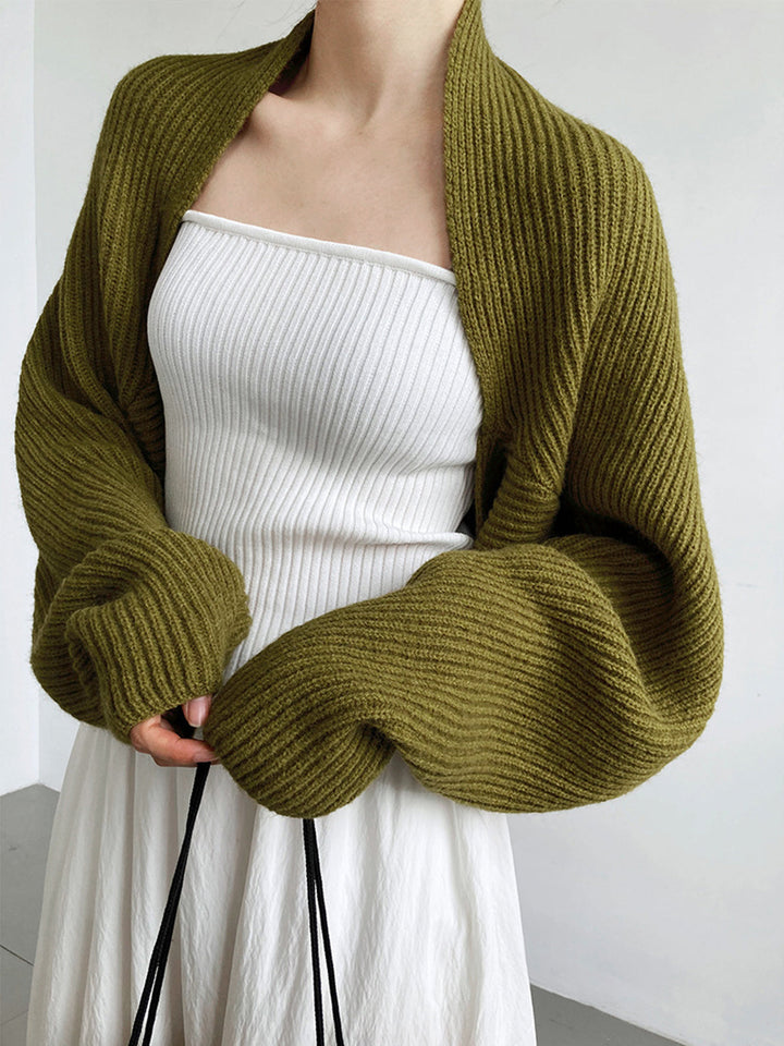 Women's olive open-front long sleeve shrug sweater. Effortless casual layering cardigan.