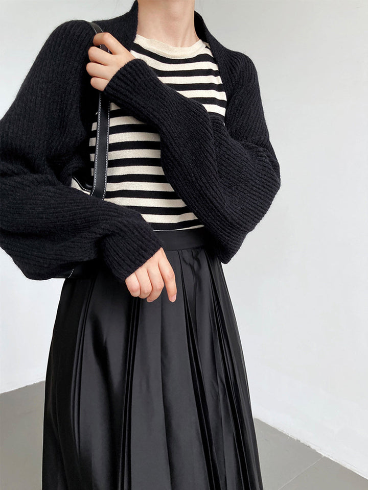 Women's knit shrug sweater in olive. Soft long sleeve open-front cardigan for daily layering.