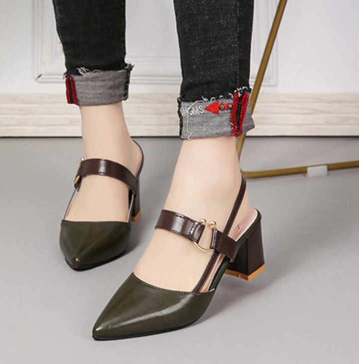 Elegant women's pointed toe orthopedic block heels, slingback design for comfortable all-day wear.