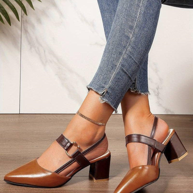 Elegant women's orthopedic block heels, pointed toe slingbacks, ideal for work and all-day comfort.