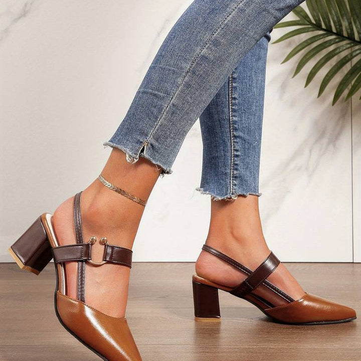 Womens comfortable orthopedic block heels, slingback, pointed toe, elegant for work or casual.