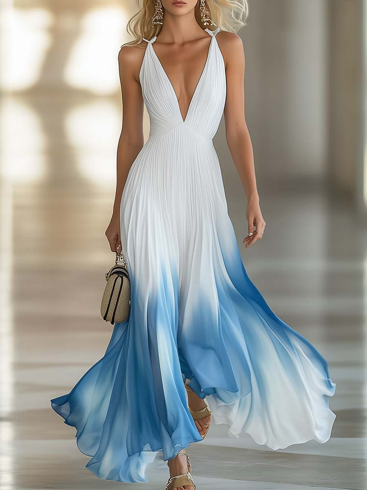 Women's ombre blue & white pleated maxi dress, deep V-neck, elegant formal evening gown for special occasions.