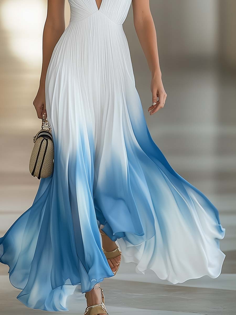 Women's blue & white ombre pleated maxi formal evening dress, deep V-neck, elegant gown for special occasions.