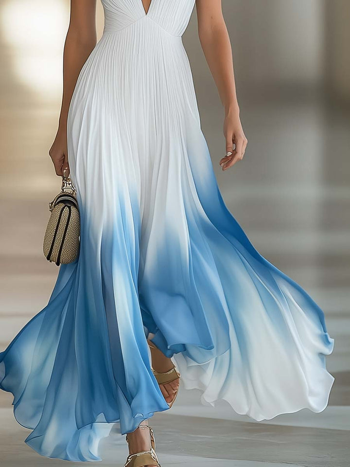 Women's blue & white ombre pleated maxi formal evening dress, deep V-neck, elegant gown for special occasions.