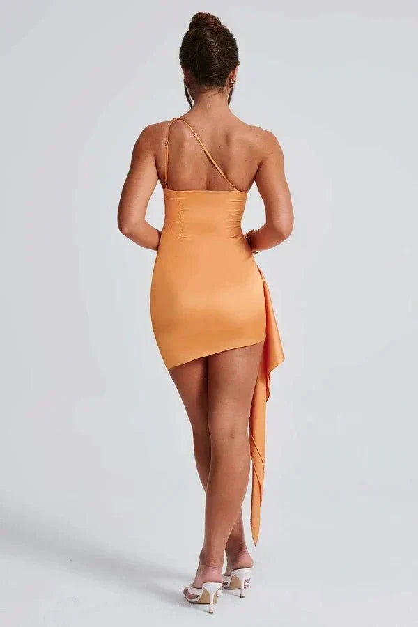 Draped ruched one-shoulder mini dress for women. Perfect elegant outfit for homecoming & parties.