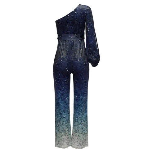 Fashionable women's one-shoulder ombre flared jumpsuit, capturing retro disco style for dynamic party wear.