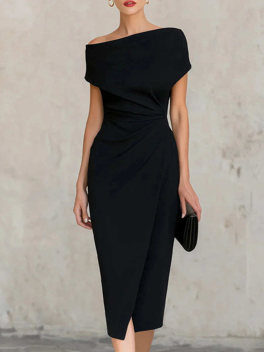 Women's one-shoulder pleated midi dress with elegant side slit, perfect for formal occasions & wedding guests.