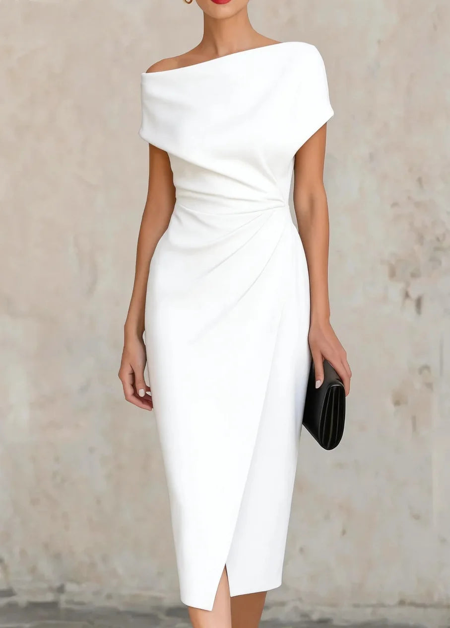 Elegant women's pleated midi dress with a stylish side slit, ideal for evening parties & formal events.