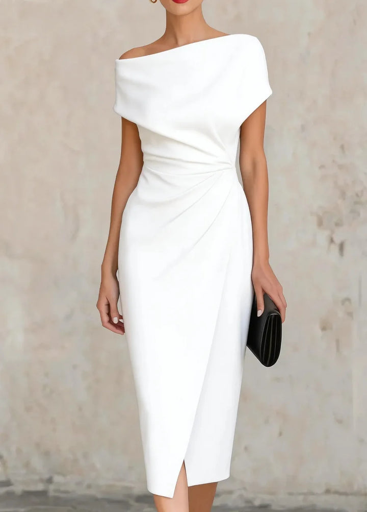 Elegant women's pleated midi dress with a stylish side slit, ideal for evening parties & formal events.