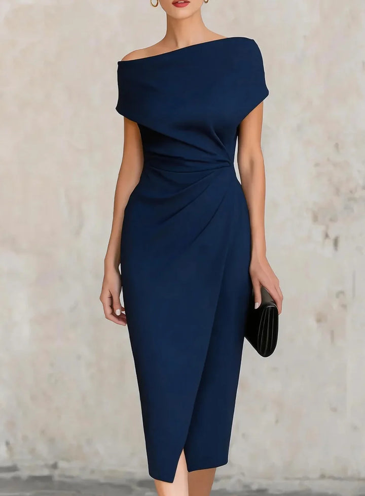 Chic women's one-shoulder midi dress featuring a beautiful pleated design and graceful side slit detail.