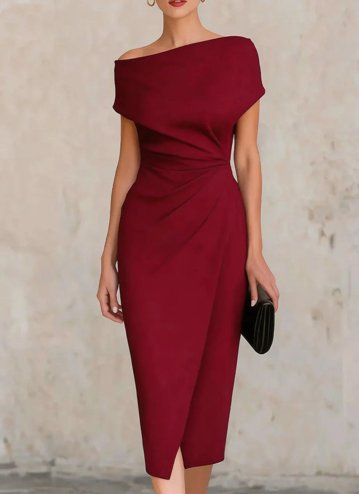 Formal women's pleated midi dress, perfect as a wedding guest dress or for evening party wear.