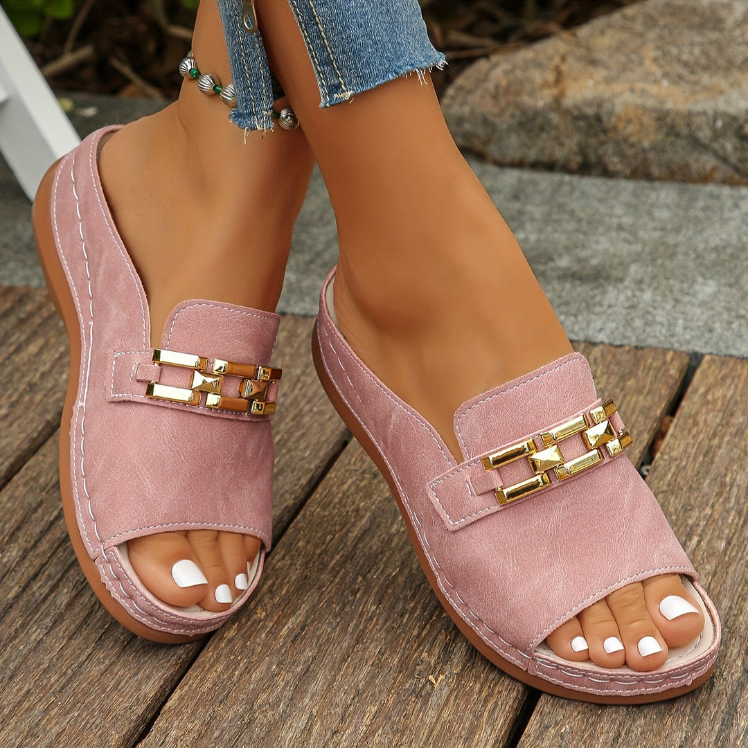 Women's Opal cushioned slide sandals with elegant gold accent, comfortable chic summer footwear.