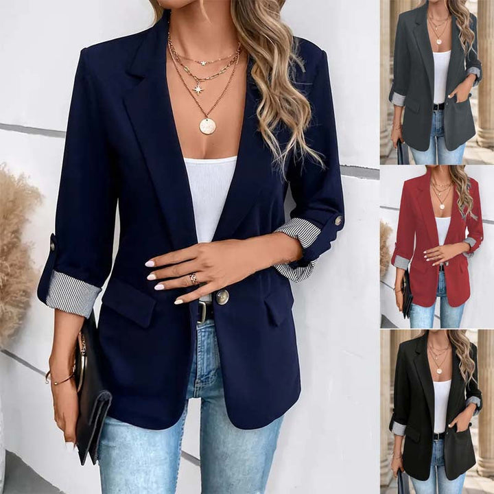 Women's open front blazer with notch lapel, striped roll-up cuffs. Smart casual workwear.
