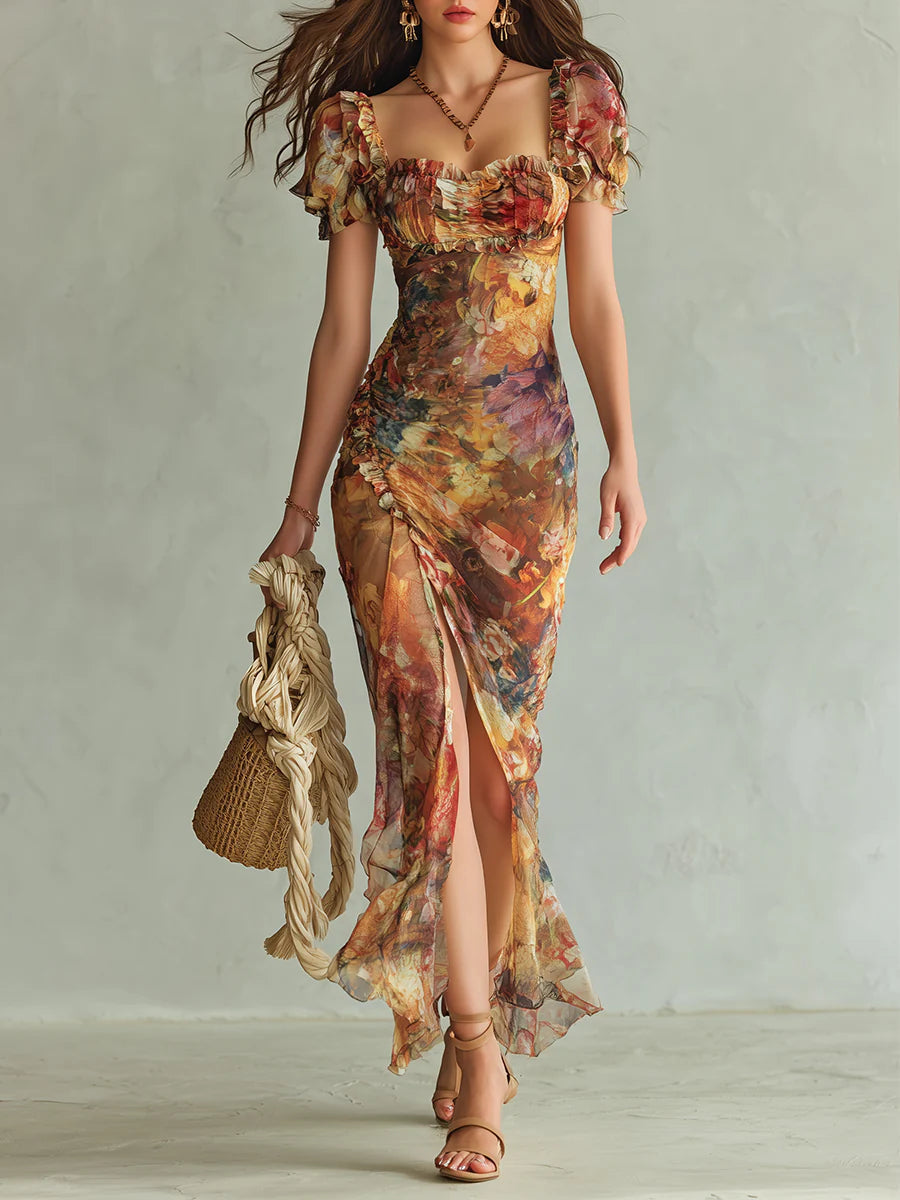 Women's orange floral print maxi dress with ruffle neckline, ruched bodice, and side slit for summer vacation.