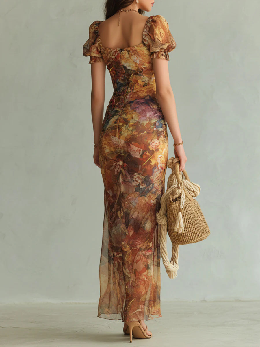 Elegant orange floral maxi dress with ruffle neckline, sweetheart, and ruched bodice; perfect for summer & vacation.