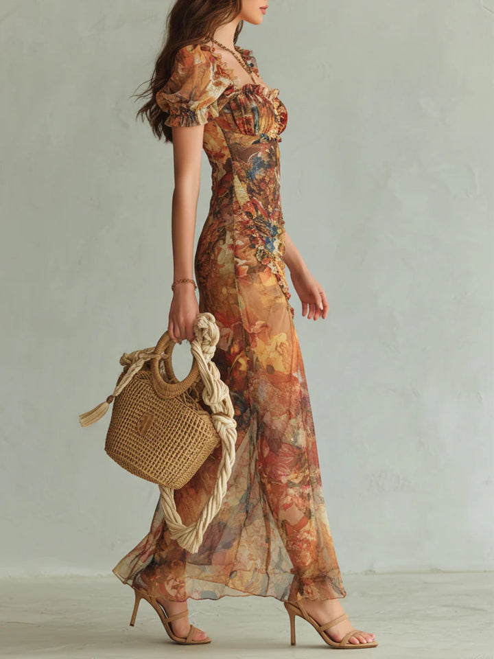 Effortless women's floral print maxi dress, boho chic with ruffle neckline and side slit, ideal for summer casual wear.