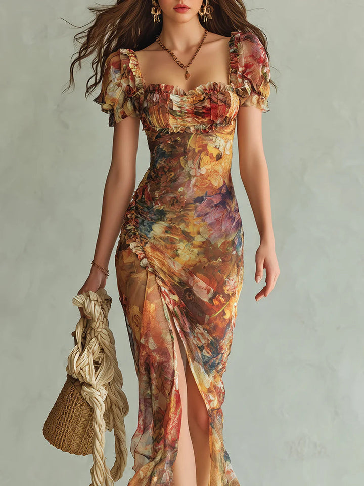 Stunning orange floral print maxi dress for women, featuring a ruffle neckline, ruched bodice, and elegant side slit.