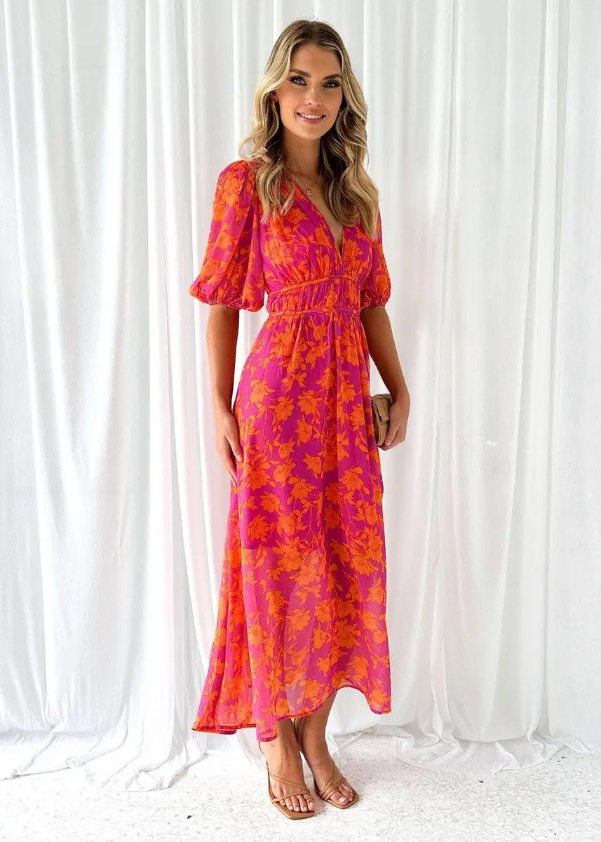 Elegant orange women's V-neck puff sleeve midi dress, a flowy option for spring and summer occasions.
