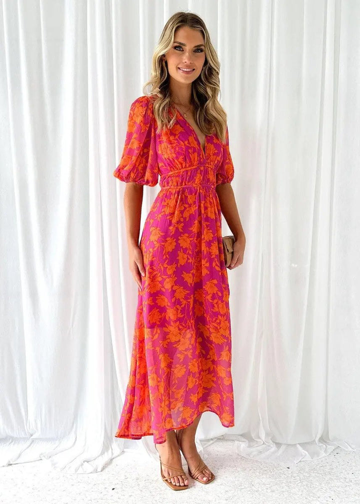 Elegant orange women's V-neck puff sleeve midi dress, a flowy option for spring and summer occasions.