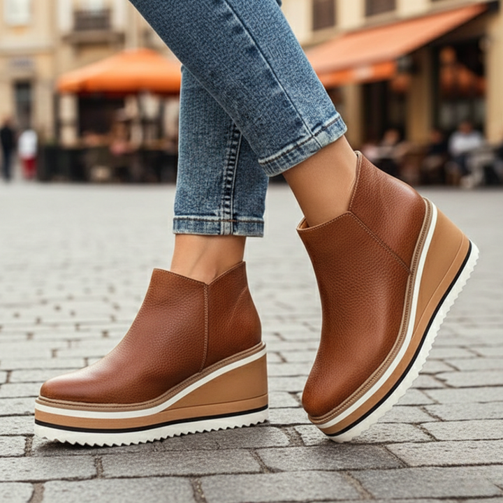 Women's orthopedic ankle boots with comfortable wedge heel, offering arch support and stylish fall fashion.
