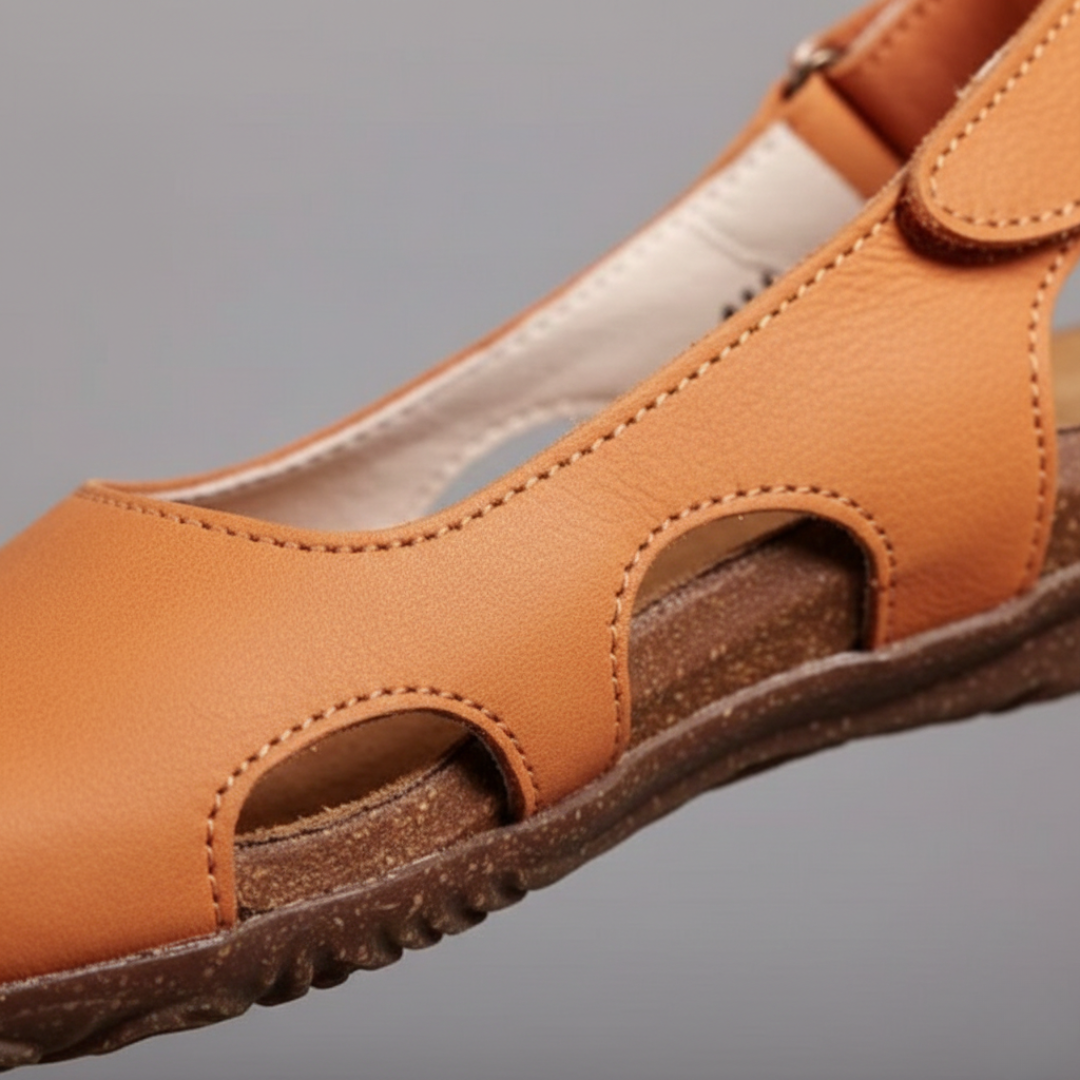 Comfortable women's closed-toe sandals with orthopedic arch support and adjustable slingback strap.