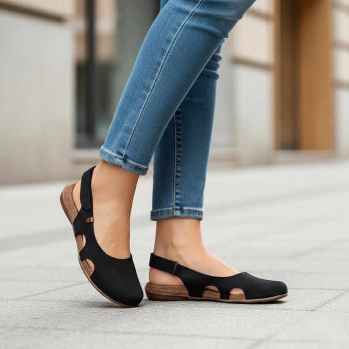 Pair of orthopedic closed-toe slingback sandals for women, offering superior comfort and arch support.