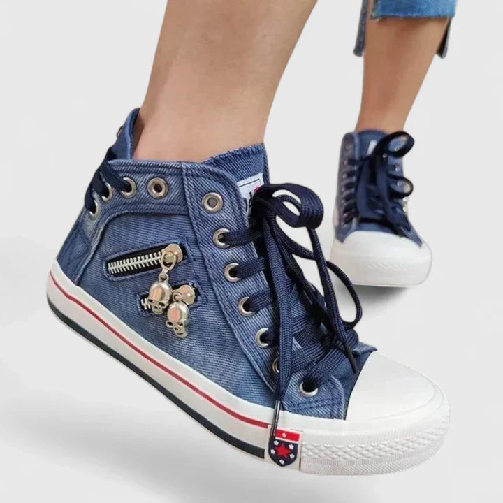 Women's orthopedic comfort shoes in denim & navy blue, ideal for daily wear with arch support.