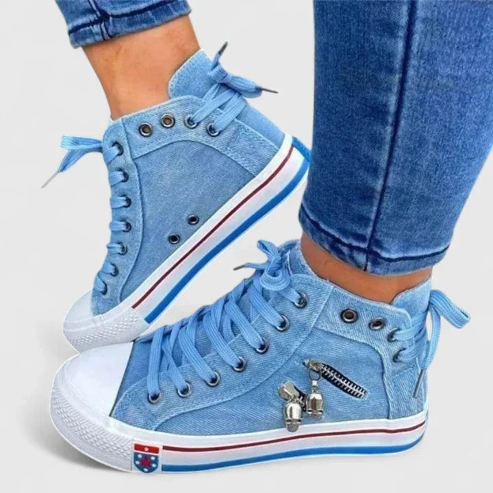 Stylish women's denim comfort shoes with advanced arch support, perfect for walking & posture.