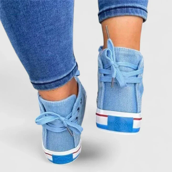 Side view of women's casual denim shoes, offering orthopedic comfort and excellent foot support.