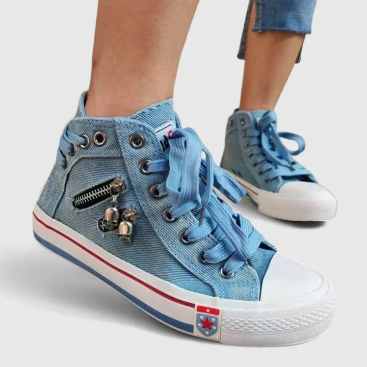 Women's supportive denim & navy blue shoes for daily wear, engineered for posture & foot comfort.