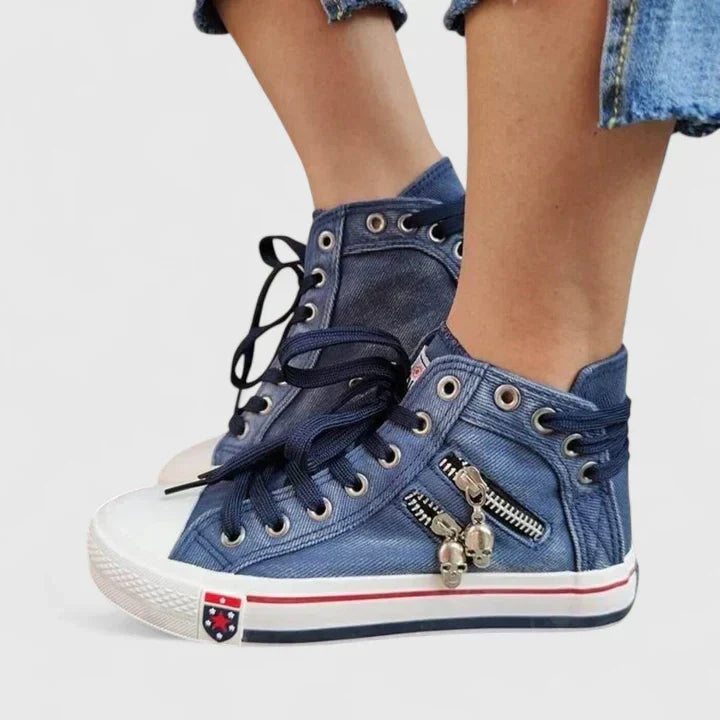 Comfortable navy blue orthopedic shoes for women, featuring a soft denim upper & durable sole for walking.