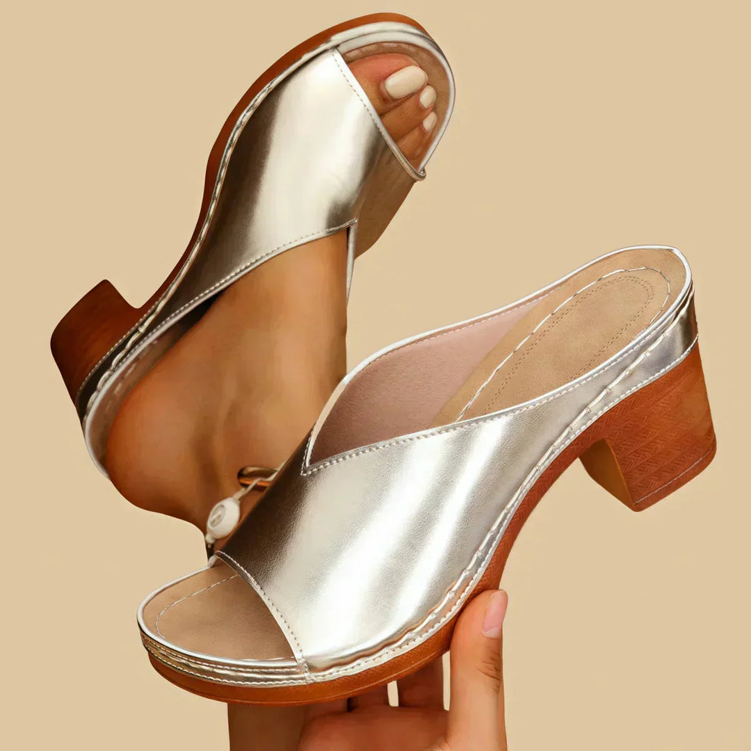 Women's orthopedic heeled sandal, offering all-day comfort & arch support. Perfect elegant summer footwear.