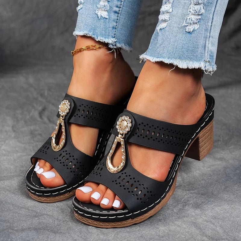 Fashionable women's heeled sandals combining orthopedic comfort with elegant style for summer and casual wear.