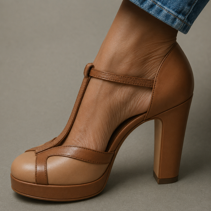 Stylish women's heeled sandals featuring an adjustable ankle strap & orthopedic arch support cushioning.