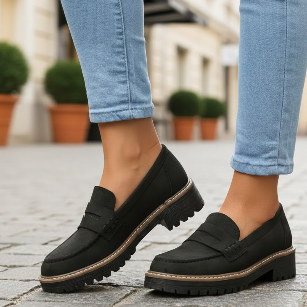 Women's orthopedic loafers in black, providing cushioned comfort and ergonomic support for everyday wear.