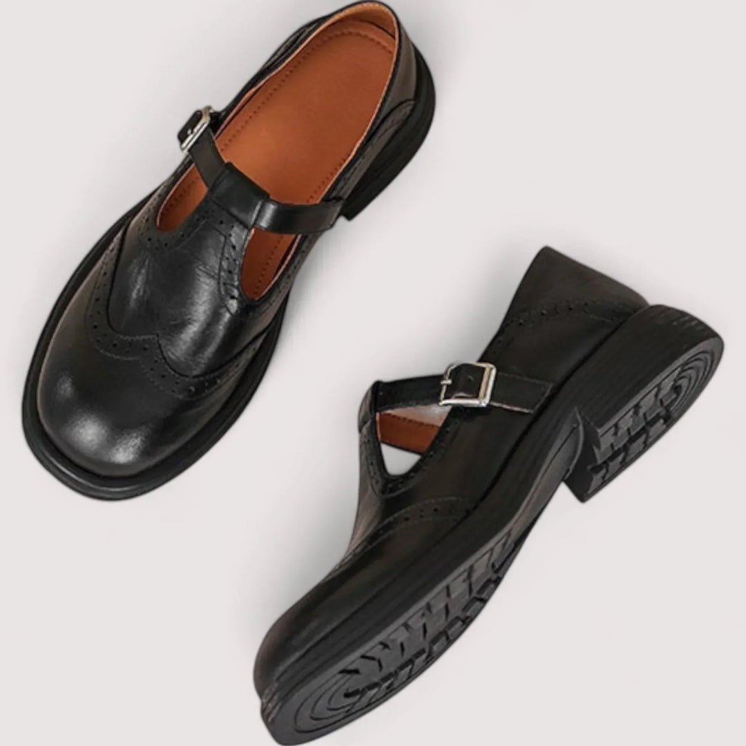 Woman wearing stylish orthopedic Mary Jane shoes, enjoying comfortable support for casual walking.