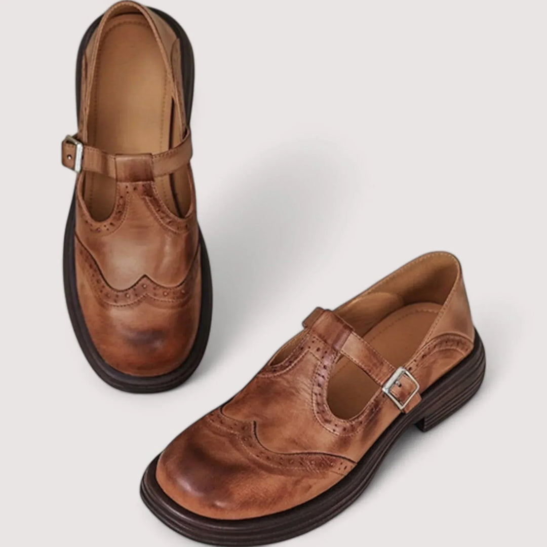Back view of women's comfort Mary Jane shoes with orthopedic support, designed for stable walking.